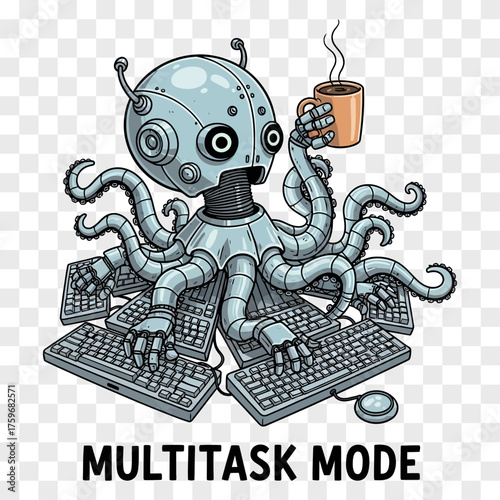 A whimsical robotic octopus with multiple tentacles typing on several keyboards holding a steaming coffee mug multitasking technology computer work office