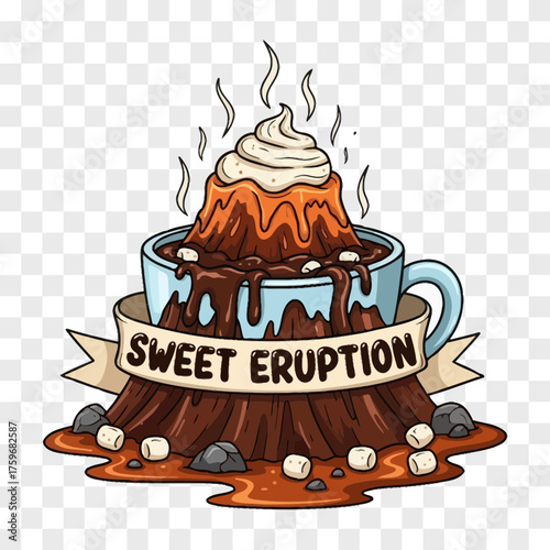 Cartoon illustration of a chocolate volcano dessert erupting hot fudge lava into a blue mug with whipped cream topping and marshmallow rocks eruption coffee cup