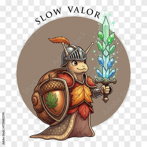A whimsical snail knight wearing armor and holding a crystal sword with an acorn shield and autumn leaf shoulder pads set against a neutral background