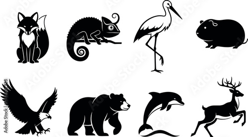 Stylized animal vector set featuring fox, eagle, dolphin, bear, deer, chameleon, stork, guinea pig in black and white