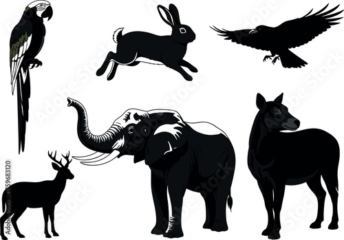 Silhouette and detailed vector illustrations of wild and domestic animals including bird, rabbit, deer, elephant, horse, and crow.