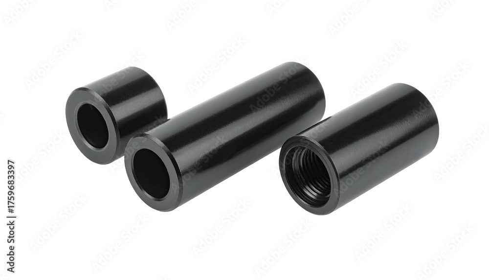 Fototapeta premium Three glossy black metal cylinders, one threaded, isolated on black