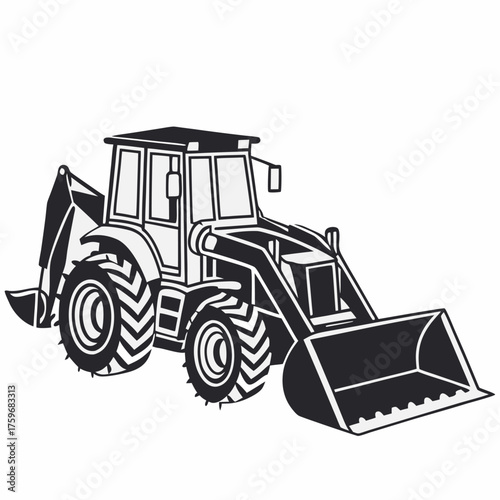 a flat-style vector icon of a black excavator silhouette, no background, using only black color, minimal and modern design.