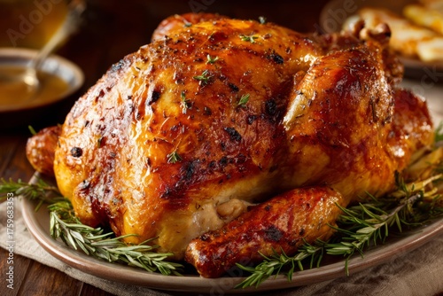 Whole roasted chicken with herbs for holiday dinner