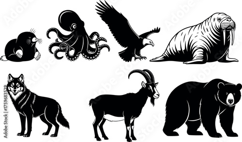 Wildlife animal vector set featuring eagle, octopus, bear, wolf, walrus, goat, mole in black and white illustration style.