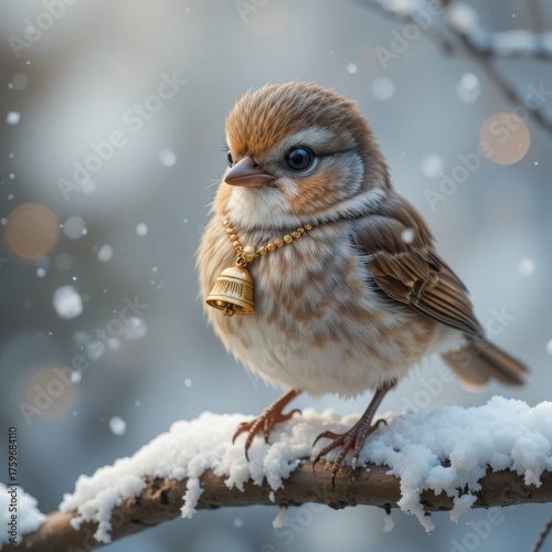 A small bird adorned with a bell rests on a snowy branch in winters embrace