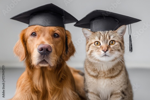 Dog and cat wearing graduation caps celebrating achievement