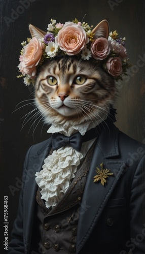 A whimsical dressed cat wears a floral crown in an artistic portrayal of elegance.