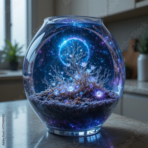 A stunning display of luminous flora contained within a glass aquarium setting