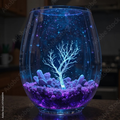 A luminous tree encased in a transparent jar surrounded by shimmering crystals