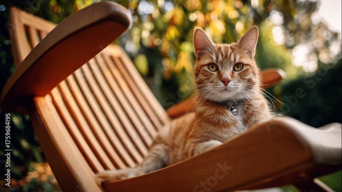 Ginger cat relaxing on wooden chair outdoors