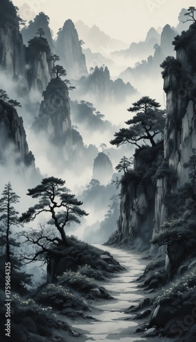 Misty mountains stand tall under soft light, embracing natures serene beauty and calmness.