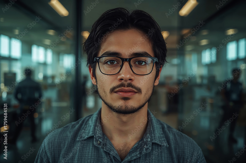 Obraz premium Focused young man with glasses in modern office portrait gaze