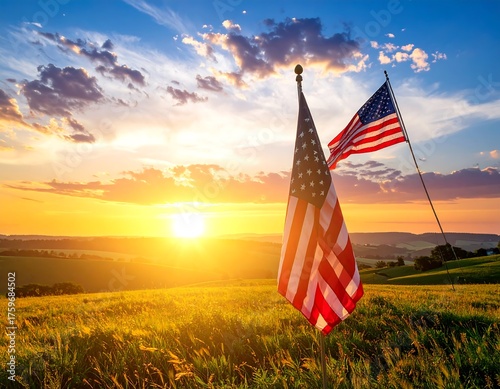 Two American flags wave proudly on a grassy hill as the sun sets in the distance. The sky is a brilliant blend of blues and oranges