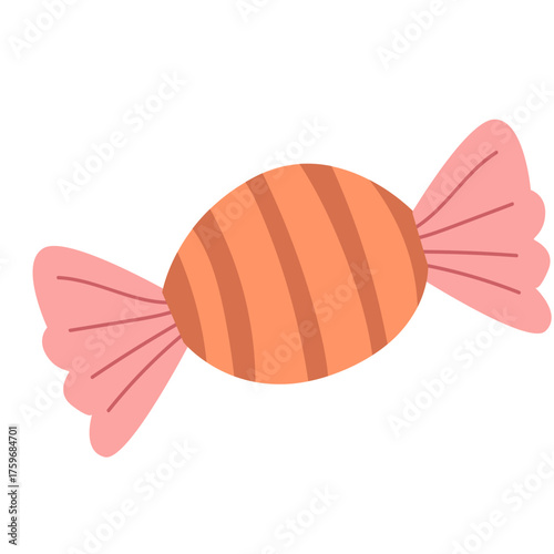 Striped orange hard candy wrapped in pink ribbon, charming flat design, ideal for festive graphics and sweet shop branding.

