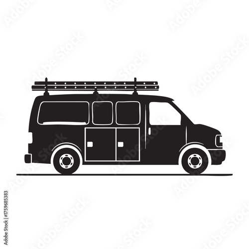 Vector art of service van silhouette a black outline of a utility van with a ladder rack, perfect for representing maintenance, repair services, or tradespeople in a simple style