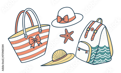 Beach Bag and Summer Accessories Collection Vector illustration, easily editable.