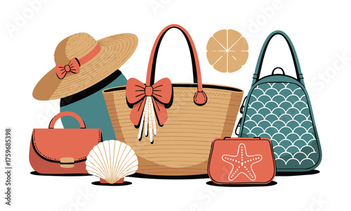 Beach Style Vector Icon Set in Minimal Pastel Colors illustration, easily editable.