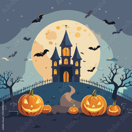 Halloween night moon composition with glowing pumpkins vintage castle and bats flying over cemetery flat