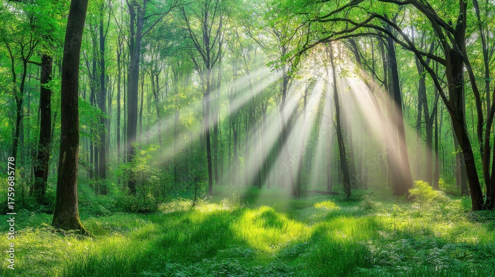 Obraz premium Sunlight streaming through lush forest canopy nature scene landscape photography tranquil environment eye-level view serene beauty