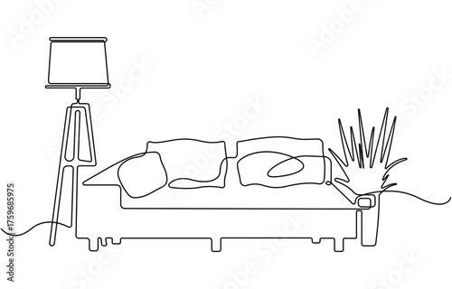 one continuous line drawing Sofa, floor lamp and potted plant for living room.