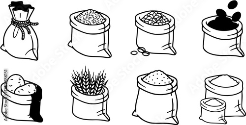 
 Burlap Sack Icons. Burlap sack. Colorful isometric vector icons set of burlap sack: tied burlap sack, grain bag, coffee bean sack, potato sack, wheat