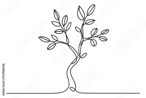 Continuous one line drawing of a young tree with branches and leaves, minimalist nature concept illustration
