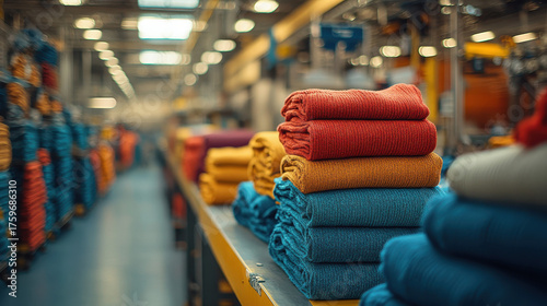 Stacks of vibrant, neatly folded textiles in rich jewel tones arranged in a modern industrial textile warehouse setting