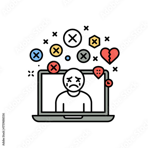 Crying Person on Laptop Screen with Negative Feedback Icons.
