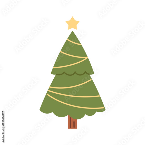 Vector illustration of green Christmas tree with yellow garland, and star on top, isolated on white background. Festive flat icon for winter holiday card, decoration, invitation, and seasonal design.