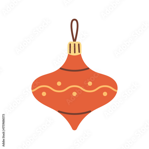 Vector illustration of vintage orange Christmas ornament with yellow wavy lines and dots. Classic holiday bauble for Christmas tree decoration, winter cards, festive invitations, and seasonal design.