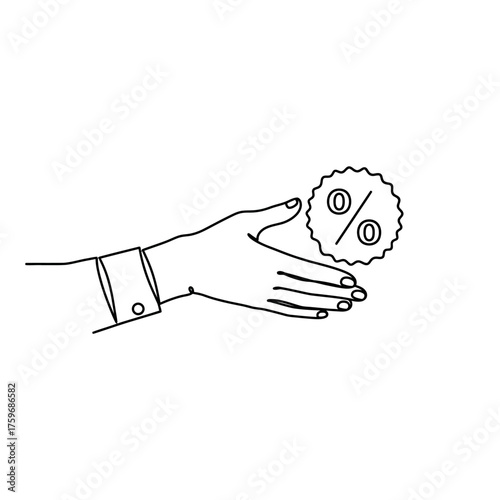 Hand holding a percentage sign representing discount or interest rates.