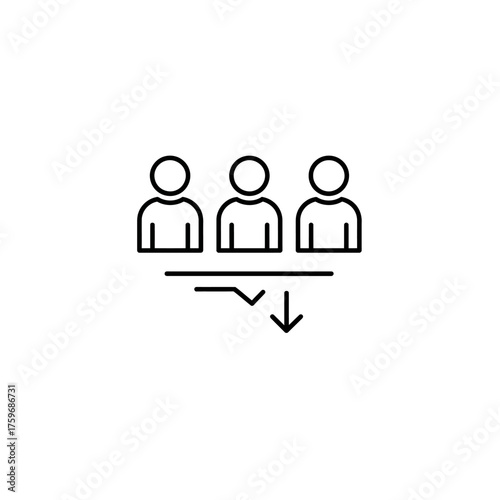 Three people icons arranged in a line with a downward arrow indicating a process or flow.