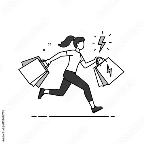 Woman running with shopping bags excited about purchases fast shopping spree.