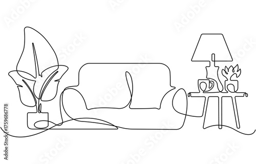one continuous line drawing Sofa, floor lamp and potted plant for living room.