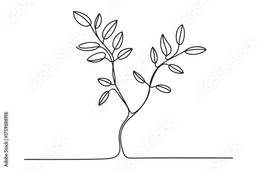 Continuous one line drawing of a young tree with branches and leaves, minimalist nature concept illustration
