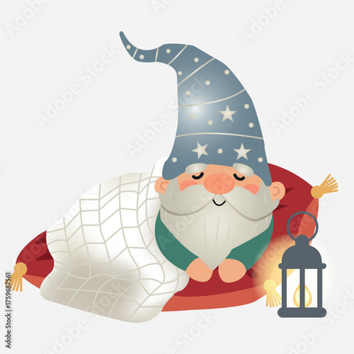 Sleepy Scandinavian Gnome with Lantern Cozy Blanket Illustration for Home Decor and Holiday Themes