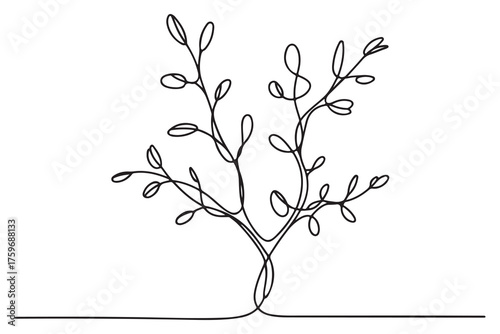 Continuous one line drawing of a young tree with branches and leaves, minimalist nature concept illustration
