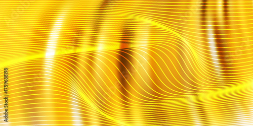 Golden abstract background with smooth wavy lines and light reflections. Elegant flowing texture with bright yellow and gold tones creating a luxurious.