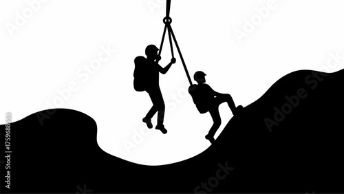 Dynamic mountain climbing duo silhouette assisting each other with ropes on a steep ascent adventure together