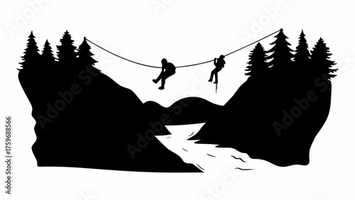 Adventurous silhouette of people zip-lining above a river between forest cliffs in the mountains