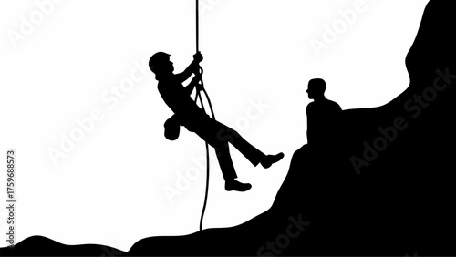 Brave climber rappelling down mountain under supervision, adventure lifestyle concept, vector design element