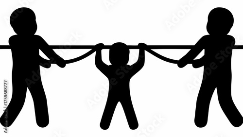 Dynamic silhouette of tug of war game with child showing teamwork, competition, and strength concept