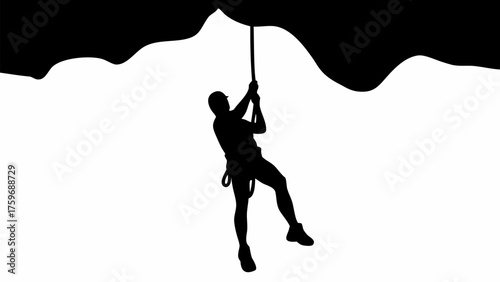 Silhouette of climber ascending cliff face with rope, showcasing adventure and fitness with determination