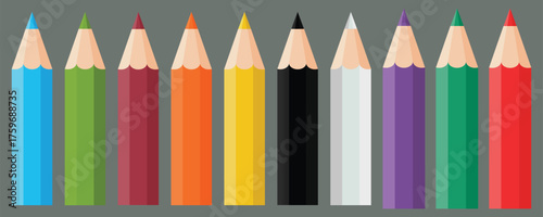 School supply crayon set isolated on white background including Sky Blue, Lime Green, Bright Red, Orange, Yellow, Black, White, Light Gray, Medium Gray, Lavender. Education - School Supply - Crayon Se