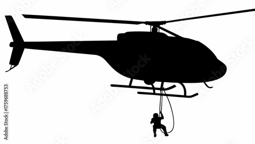Dynamic helicopter descent with rappelling figure for rescue mission illustration and action adventure design element