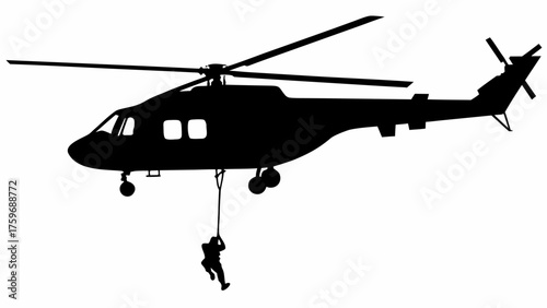 Dynamic silhouette of helicopter with soldier rappelling, conveying action, strength, and precision military operations