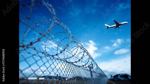Razor wire fence restricting freedom with airplane flying in sky