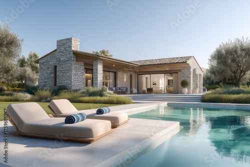 Luxurious Mediterranean villa exterior with private pool, stone walls, and elegant sun loungers — modern architectural inspiration for real estate marketing, design portfolios, and lifestyle branding