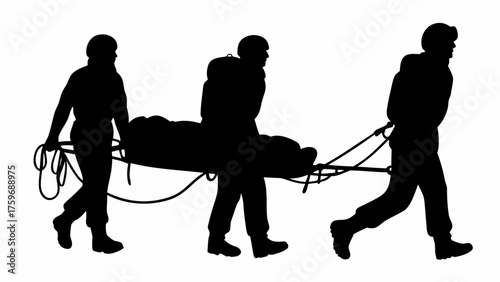 Dedicated rescue team evacuating injured person on stretcher, teamwork in action, emergency response, black silhouette